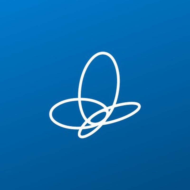 The image features a white, stylized butterfly design against a blue background.