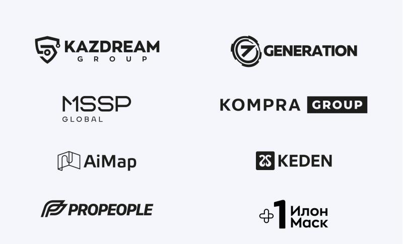 The image features eight different logos in black on a light background, including logos for 'KAZDREAM GROUP,' '7 GENERATION,' 'MSSP GLOBAL,' 'KOMPRA GROUP,' 'AiMap,' '2S KEDEN,' 'PROPEOPLE,' and '1 Илон Маск.'