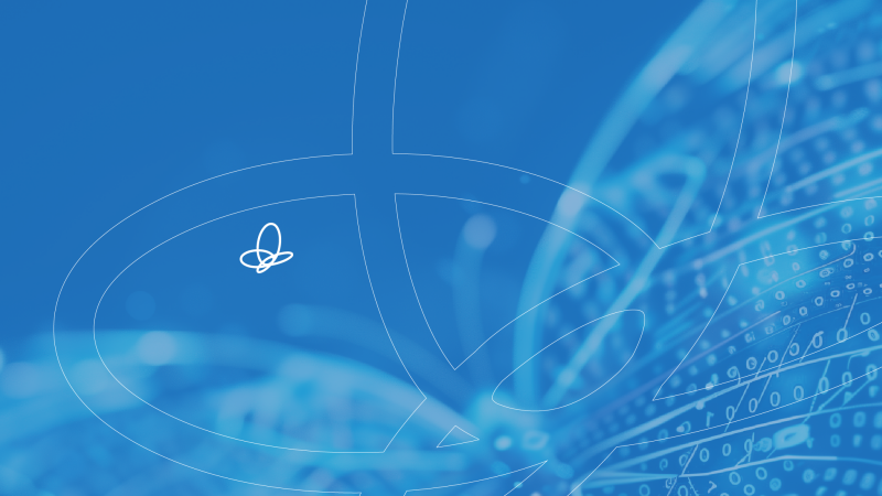 The image features a blue background with abstract white line art including a geometric shape and a small butterfly or flower-like symbol.