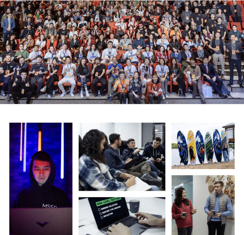 The image is a collage of six different photos: a large crowd sitting in an auditorium, a person in a dark hoodie in front of a laptop with the word 'MSSD' on the chest, a group of people in a casual meeting, several surfboards lined up outdoors, a laptop displaying the text 'HIGH LEVEL FEATURES' and three checkboxes, and two people having a conversation while holding cups.