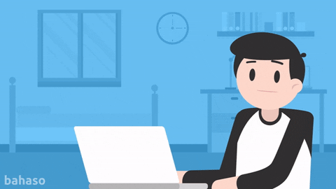 A cartoon man in a white and black shirt sits in front of a laptop in a blue room with a bed, window, clock, and shelf, with 'bahaso' at the bottom left.