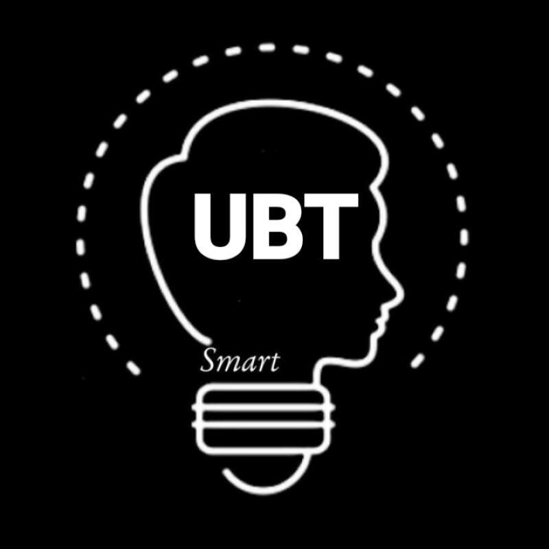 The image shows a white logo on a black background, resembling a lightbulb with a silhouette of a head inside, with the text "UBT" at the top and "Smart" below.
