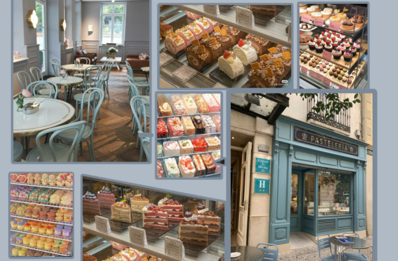 A collage shows the interior and pastry displays of a Pasteleria, featuring tables and chairs inside, a display case with cakes and pastries, and the building's exterior with the name 'PASTELERIA' above the entrance.