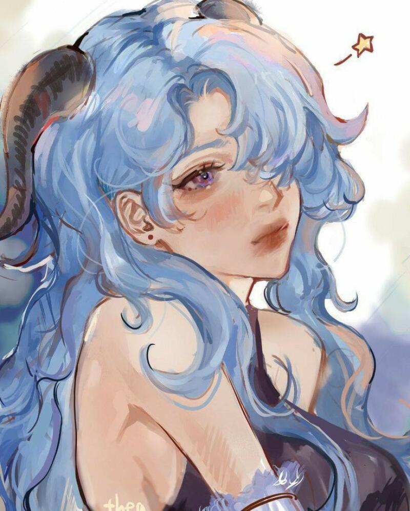 An illustration depicts a woman with long, flowing blue hair, horns, and purple eyes, wearing a black top; a small star is next to her hair.