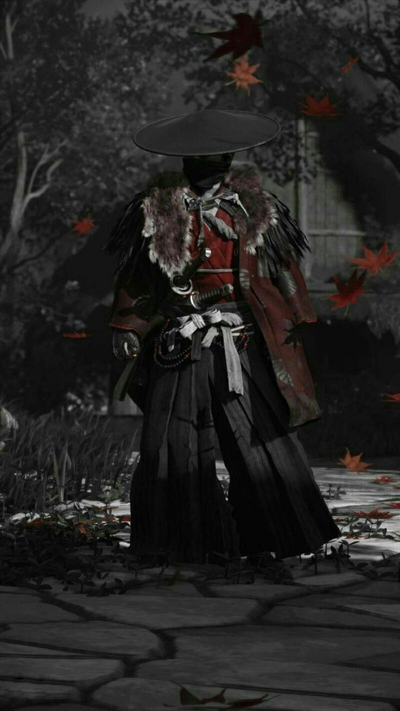 A figure stands in a black and white landscape with falling red leaves, wearing a dark conical hat and a fur-trimmed red and black outfit with visible swords.