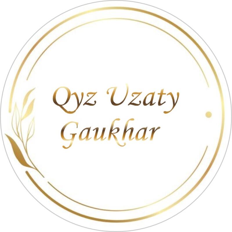 A white circular logo with golden text "Qyz Uzaty Gaukhar" and a golden sprig of leaves on the left.