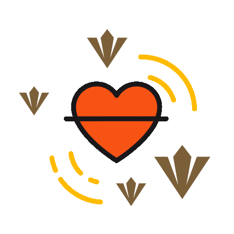 The image shows a stylized orange heart with a horizontal line through it, surrounded by four brown, arrow-like shapes and curved yellow lines on a black background.