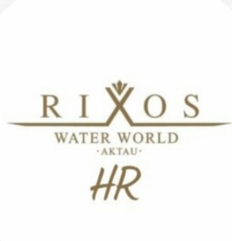 The image shows the logo for Rixos Water World Aktau HR. The logo is in a light color and features the brand name "Rixos" with a stylized symbol above the "X," followed by "Water World" and ".AKTAU." Below this is the text "HR" in a cursive font.