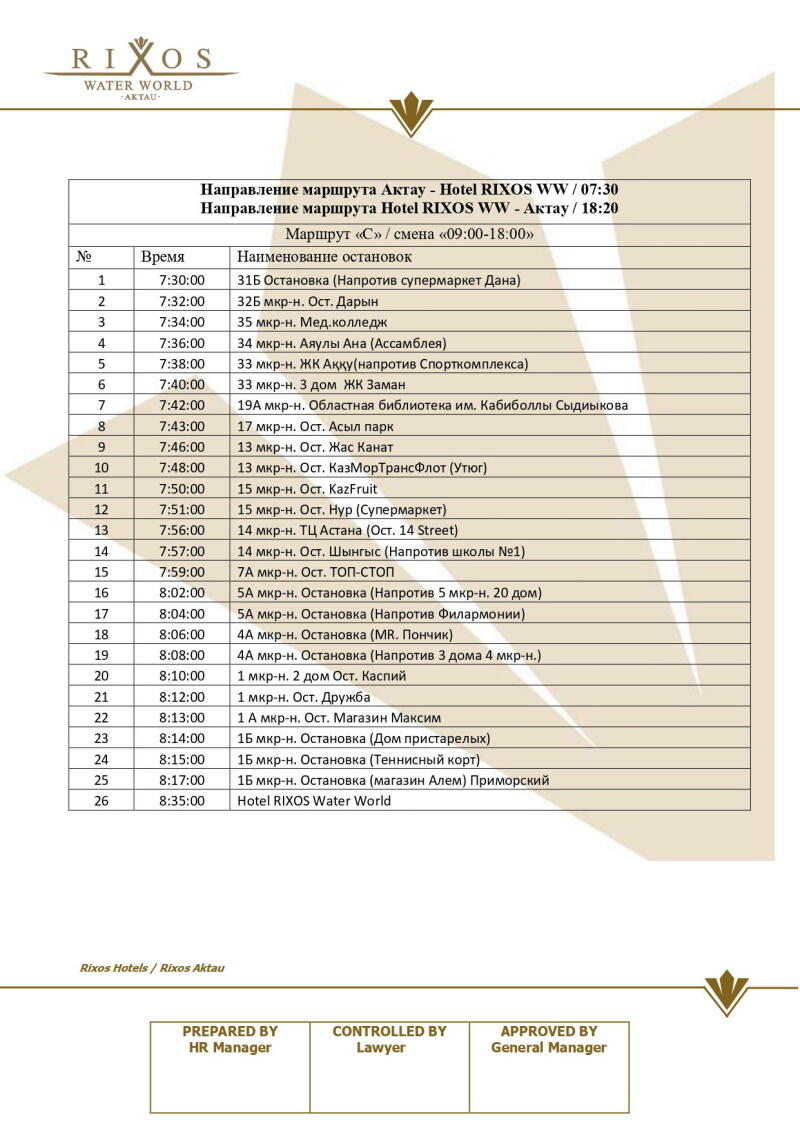 A schedule titled 'Route Aktau - Hotel RIXOS WW' lists bus stops with corresponding times, starting at 7:30 AM and ending at 8:35 AM at Hotel RIXOS Water World.