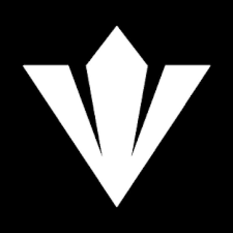 The image shows a stylized white emblem against a black background, resembling a stylized flower or a crown with sharp edges.