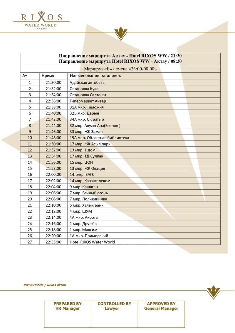 A schedule for the bus route from Aktau to Hotel Rixos Water World is shown in a table, including departure times and stop names.
