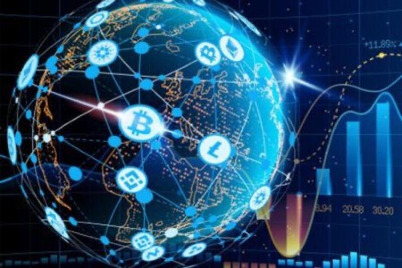 The image illustrates a digital globe overlaid with cryptocurrency symbols like Bitcoin, connected by a network of lines, alongside financial charts showing market trends.