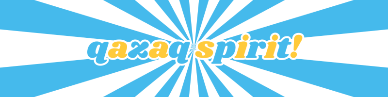 A light blue and white radial background with the text "qazaq spirit!" in light blue and yellow.