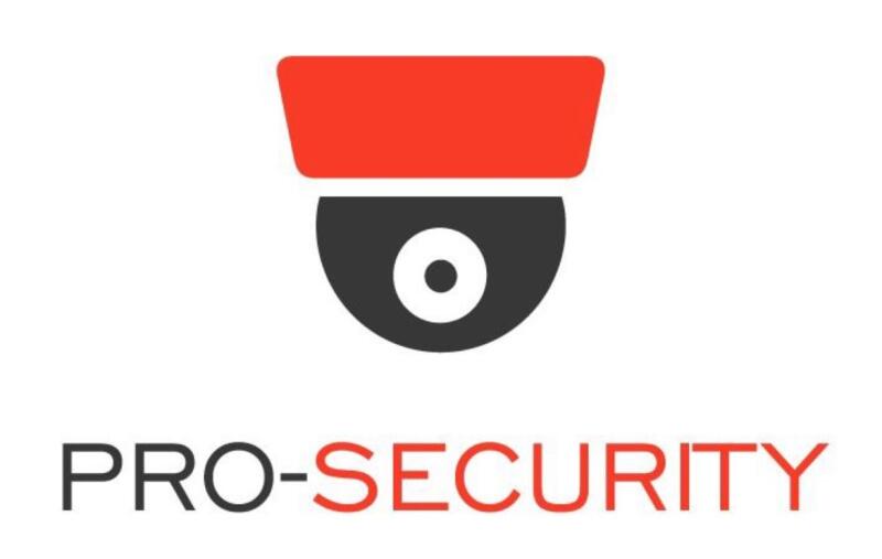 The logo features a stylized security camera in black and red, above the text "PRO-SECURITY."