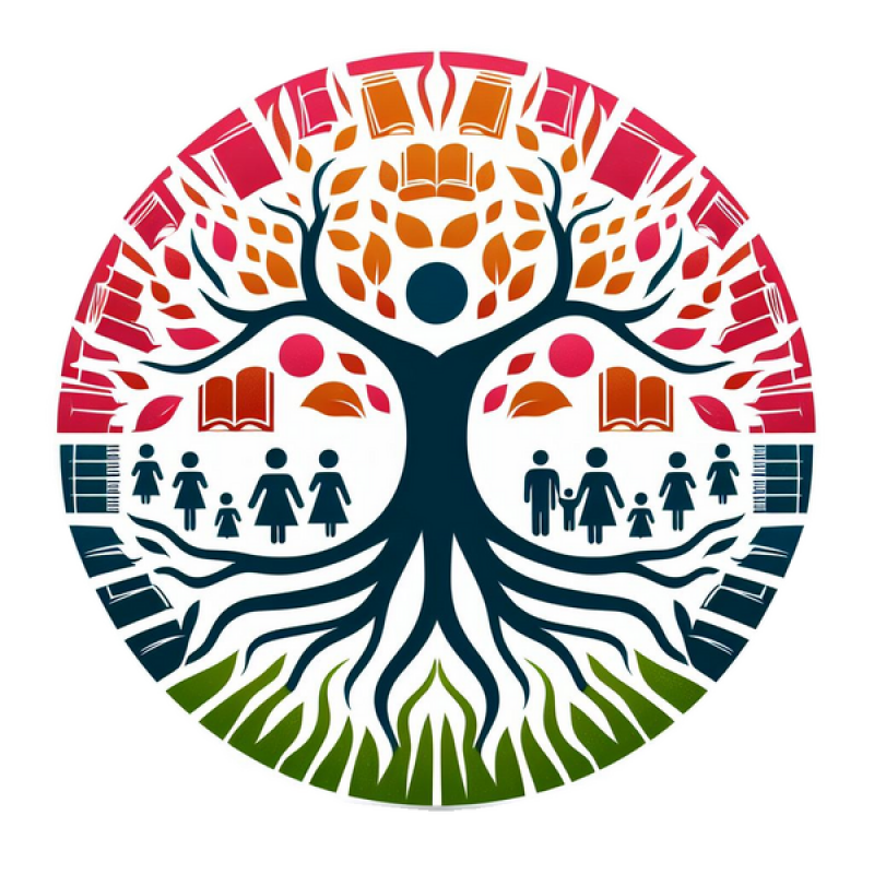 The image is a circular emblem featuring a tree with a dark blue trunk and roots, with people silhouettes along the branches and books as leaves, set against a background of alternating colors, suggesting themes of family, knowledge, and growth.