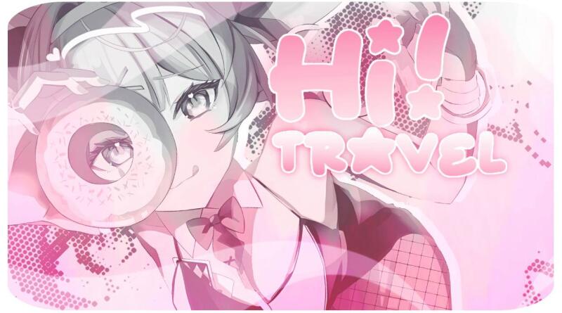 An illustration in pink tones features an anime-style girl holding a donut up to her eye, with the text "Hi!! TRAVEL" overlaying the image.