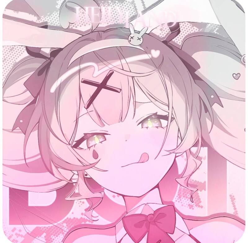 A pink-toned anime-style illustration features a fair-skinned character with blond hair, marked by an 'X' on the forehead, and yellow eyes, sticking out their tongue, adorned with bunny ears and a bow.