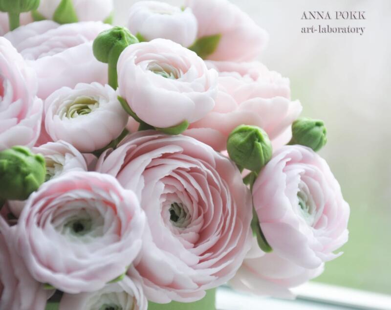 The image shows a bouquet of light pink ranunculus flowers with green buds, and the text "ANNA POKK art-laboratory" is visible in the upper right corner.