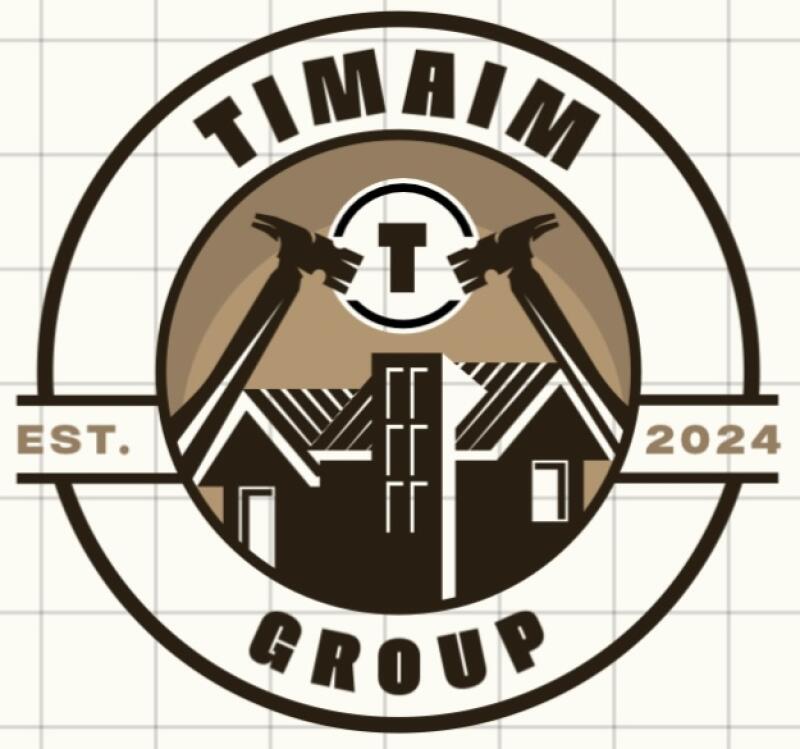 The logo features the words "TIMAIM GROUP" in a circular design, with the abbreviation "EST." and the year "2024" on either side. In the center is a stylized image of two houses under a circle containing the letter "T", framed by two hammers.