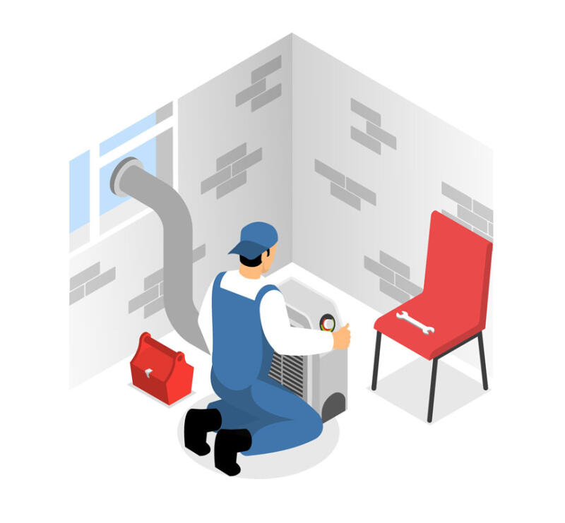 An isometric illustration shows a repairman in a blue jumpsuit kneeling to repair a white air conditioning unit next to a red toolbox and a red chair with a wrench on it.