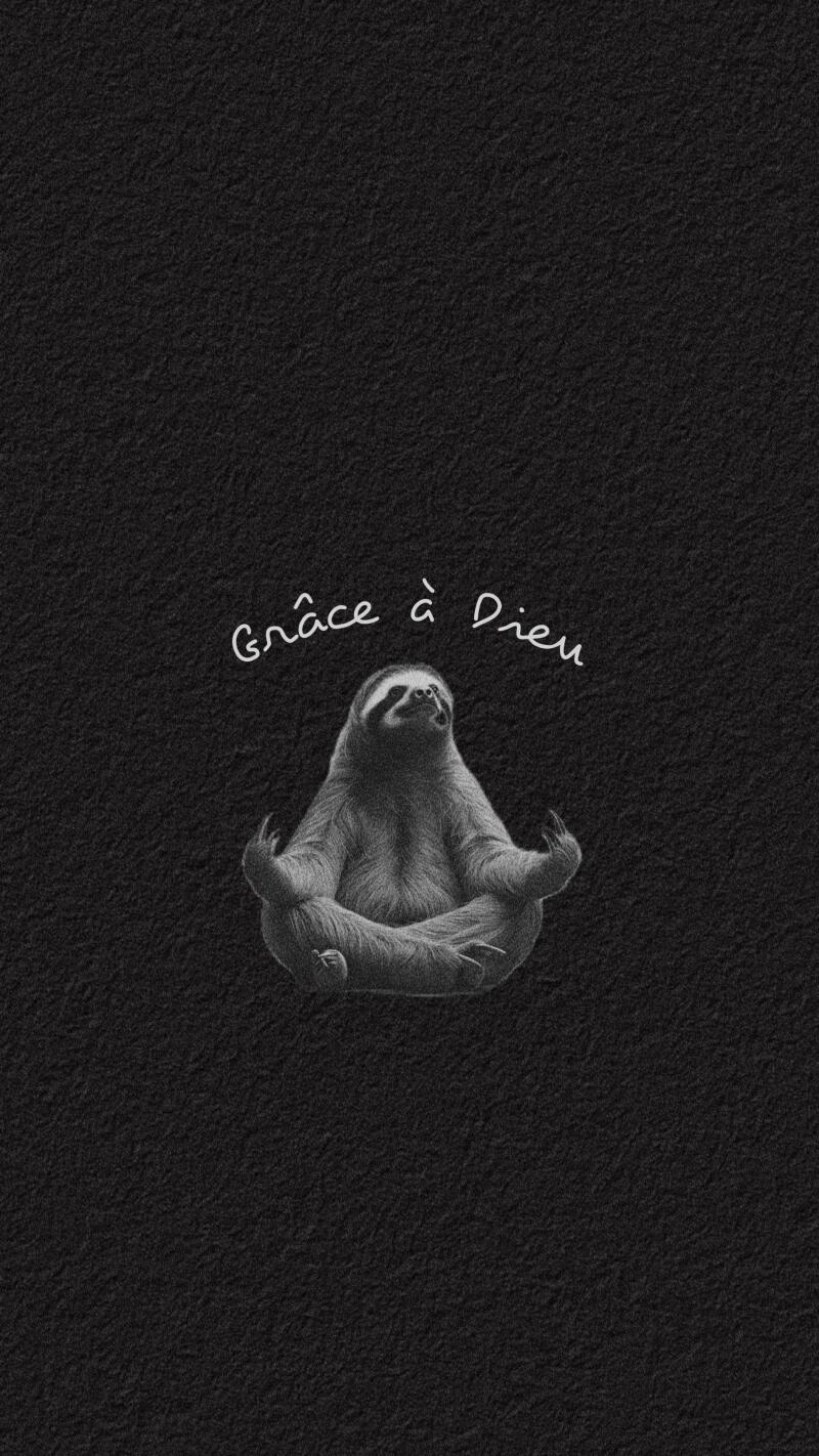 A black and white image shows a sloth meditating in the lotus position with the text "Grâce à Dieu" above it.