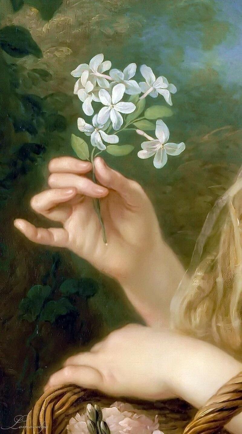 A painting depicts a hand holding a sprig of white flowers against a dark green and blue-grey background.