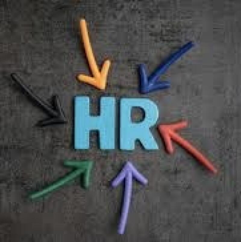 The image shows the letters 'HR' in blue, surrounded by arrows of different colors (orange, blue, red, black, green, and purple), all on a gray background.