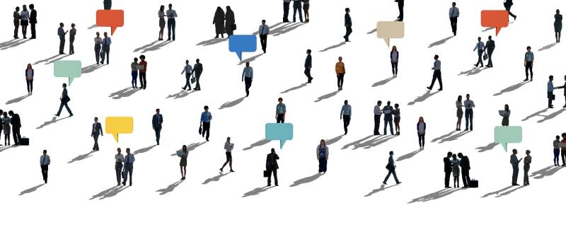 The image shows many people in different poses with speech bubbles of various colors above them, set against a white background.