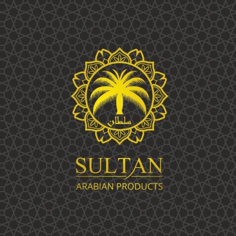 The logo features a yellow palm tree inside a decorative yellow circle, above the word "SULTAN" and the phrase "ARABIAN PRODUCTS" on a black background with a geometric pattern.
