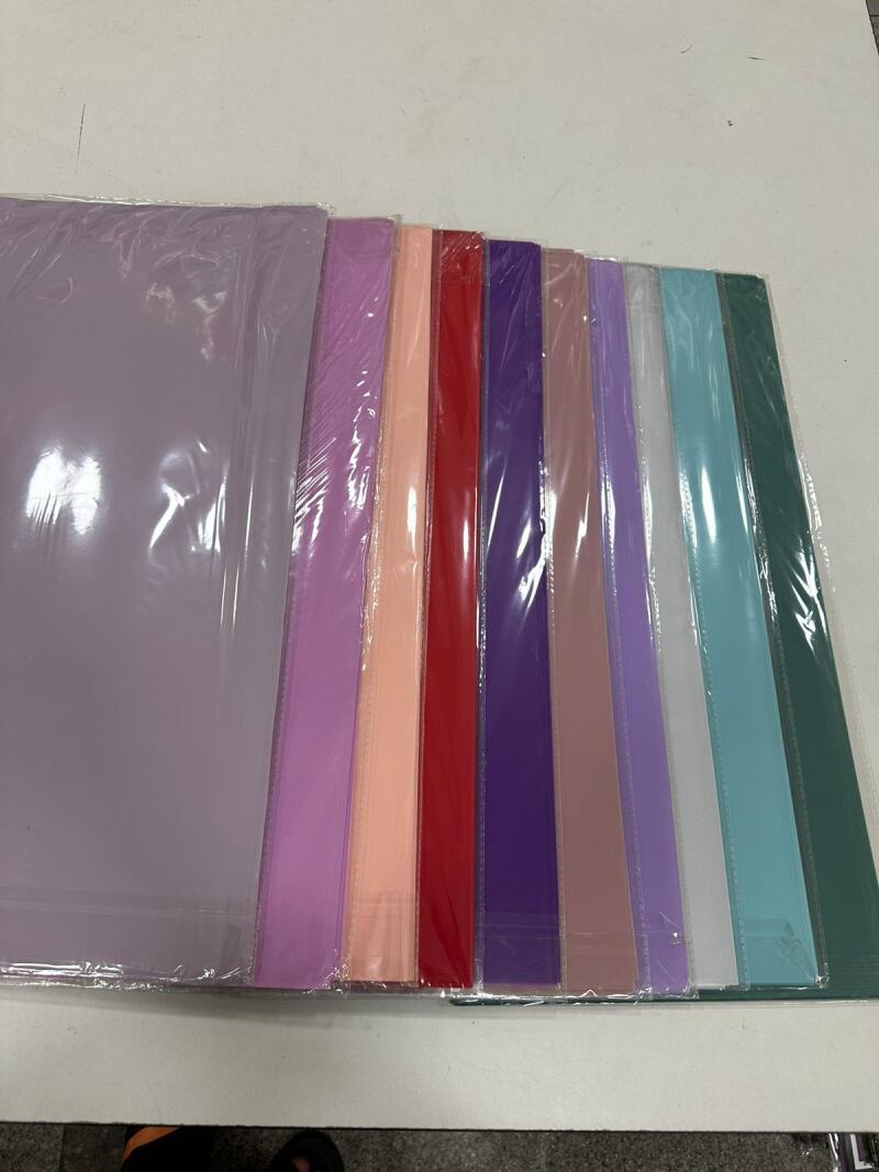 The image shows a row of colorful file folders, each wrapped in clear plastic.