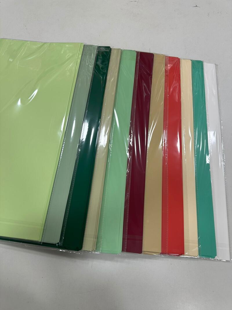 A stack of colorful folders in plastic packaging, including green, beige, red, and white.