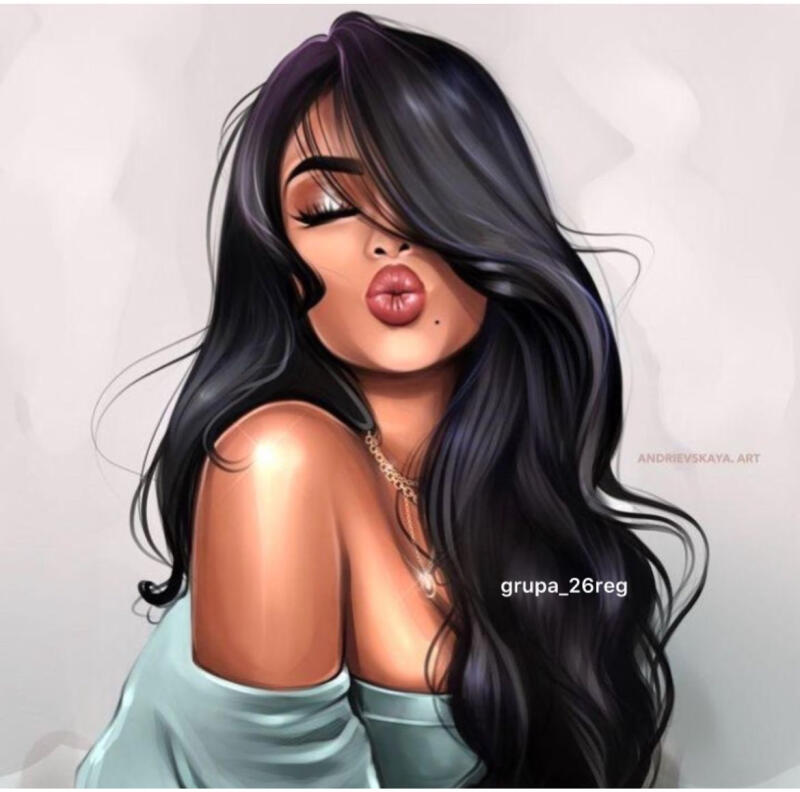 An illustration of a woman with long, black hair, glossy lips, and a gold necklace, set against a light background. The image includes the text "grupa_26reg" and "ANDRIEVSKAYA.ART".