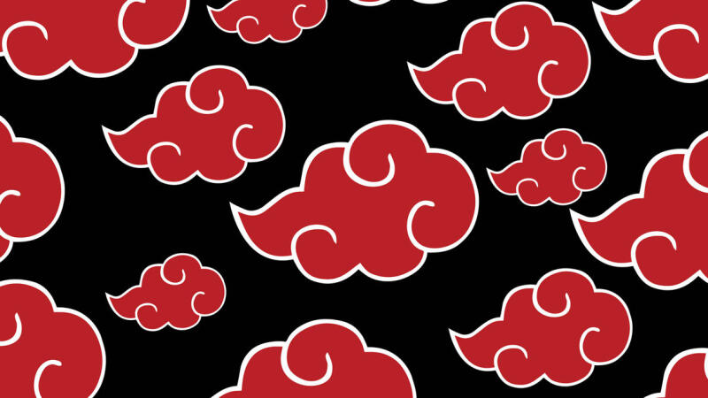 The image shows a repeating pattern of red clouds with white outlines against a black background.