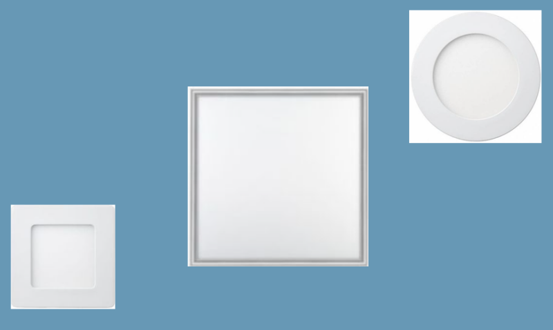 The image shows three white LED ceiling lights of different shapes against a blue background: square with a thin frame, square without a frame, and round.