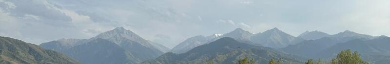A panoramic view of a mountain range under a cloudy sky, with varying shades of green and blue.