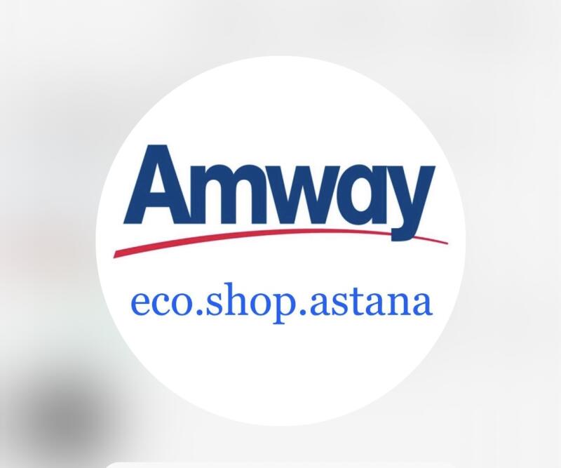 The image shows the Amway logo with the text 'eco.shop.astana' underneath, all encased in a white circle.