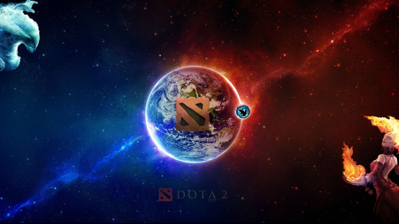 The image displays a Dota 2-themed background with a split color scheme of blue and red, featuring an Earth-like planet with the Dota 2 logo and characters representing ice and fire.