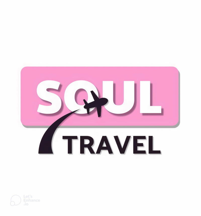 The image features a logo with the words "SOUL TRAVEL". The word "SOUL" is in white on a pink rounded rectangle, with an airplane graphic replacing the letter "U". Below it, "TRAVEL" is written in black, and a curved black line extends from below the "S" to the airplane.
