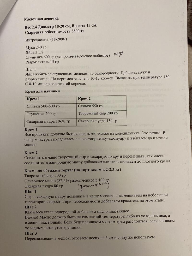 На изображении представлен рецепт торта «Молочная девочка», включающий ингредиенты, инструкции по приготовлению торта и крема для начинки, а также инструкции по покрытию торта кремом.