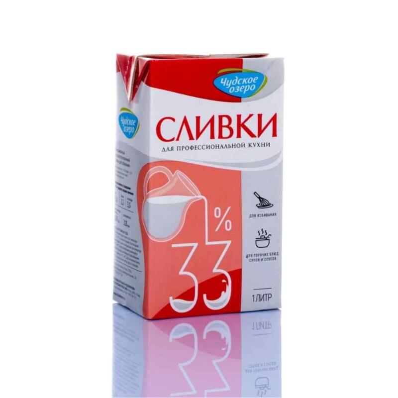 Представлена упаковка сливок "Чудское Озеро" с содержанием жира 33%, предназначенных для профессиональной кухни.
