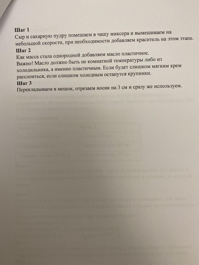 На изображении представлен рецепт с инструкциями. Шаг 1: Смешиваем сыр и сахарную пудру в миксере на низкой скорости, при необходимости добавляем краситель. Шаг 2: Добавляем пластичное масло в однородную массу. Важно, чтобы масло было не комнатной температуры или из холодильника, а именно пластичным. Шаг 3: Перекладываем в мешок, отрезаем носик на 3 см и сразу же используем.