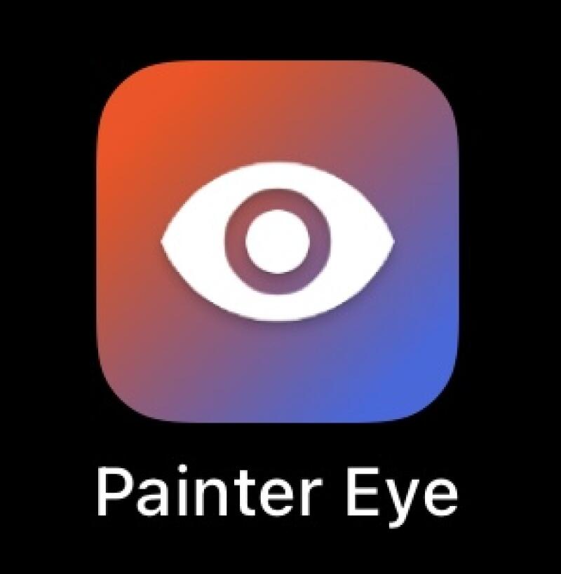 На изображении представлен значок приложения Painter Eye, на котором изображен стилизованный белый глаз на фоне закругленного квадрата с переходом от оранжевого к синему. Под значком белым шрифтом напечатаны слова "Painter Eye".
