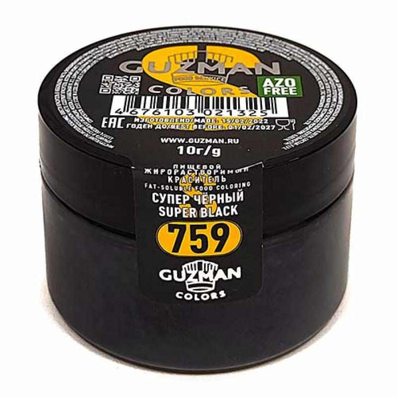 Черная банка пищевого красителя Guzman Colors Super Black с надписью «759», с указанием, что он жирорастворим и не содержит AZO.