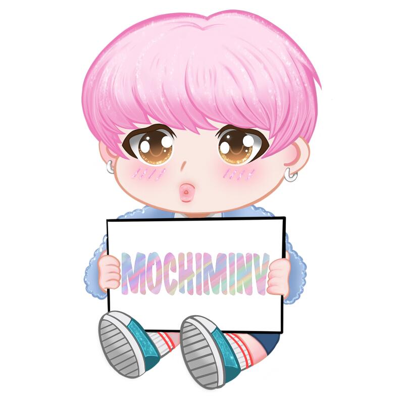 A cartoon-style character with pink hair and big brown eyes is holding a sign that reads "MOCHIMINY".