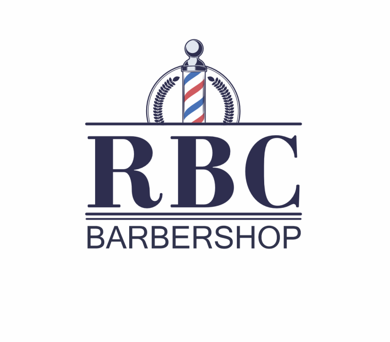 The image is a logo for a barbershop called "RBC BARBERSHOP," with the letters "RBC" in large, bold font above the word "BARBERSHOP." A classic barber pole is positioned above the letters, framed by two sprigs of leaves.
