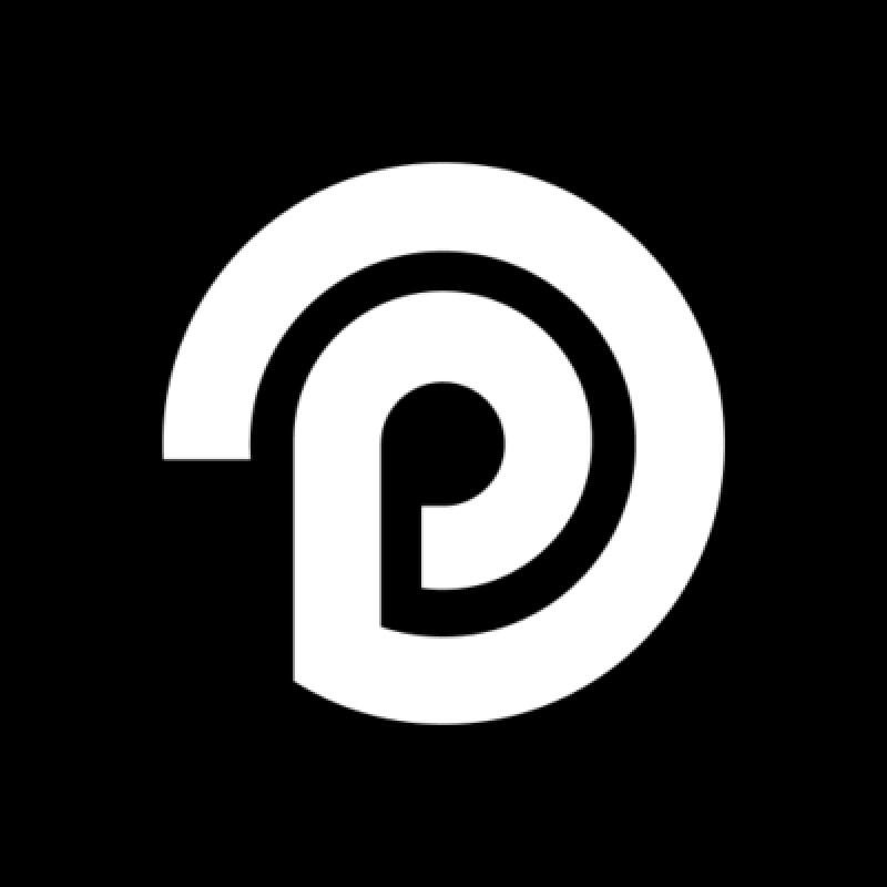 The image features a white, stylized logo on a black background, resembling a swirling or looped shape with a central dot.