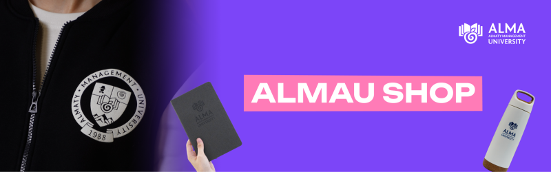 На изображении рекламируется ALMAU SHOP с черной курткой с логотипом "ALMATY MANAGEMENT UNIVERSITY 1988", блокнотом и бутылкой воды на фиолетовом фоне.