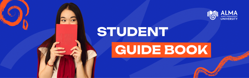 На баннере для студенческого справочника изображена азиатская женщина, держащая красную книгу, с текстом «STUDENT GUIDE BOOK» белого и оранжевого цвета на синем фоне и логотипом Университета ALMA.
