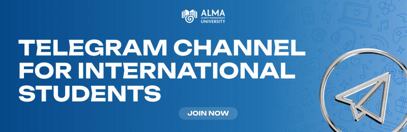 A blue banner features the Alma University logo and the text "TELEGRAM CHANNEL FOR INTERNATIONAL STUDENTS" in white, with a "JOIN NOW" button below. A large silver 3D Telegram icon is on the right, and subtle outlines of digital-themed objects like laptops and headphones are in the background.