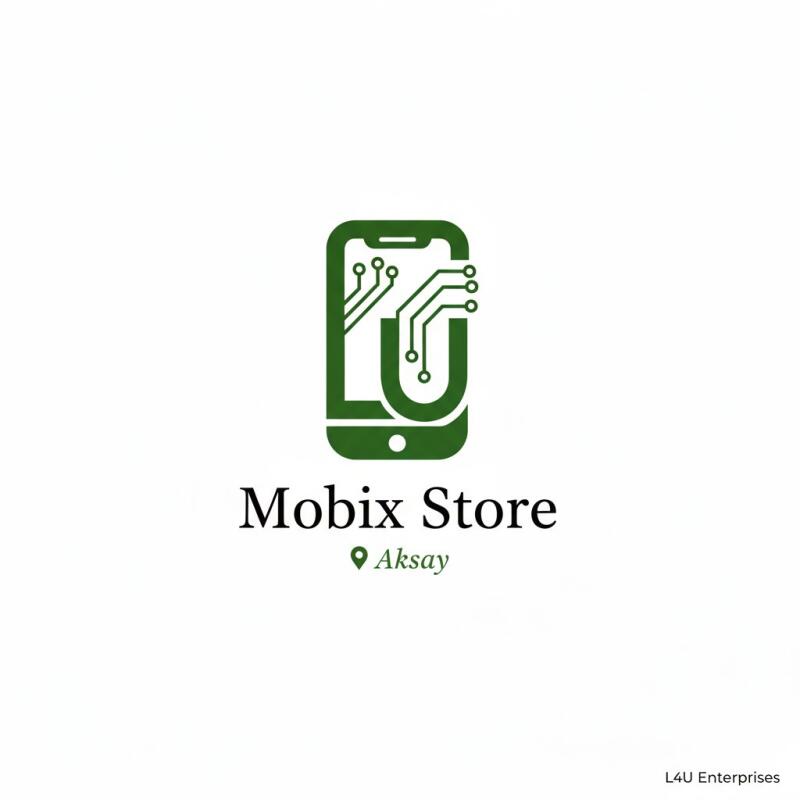 The image features a logo for 'Mobix Store' located in Aksay, represented by a green smartphone icon with circuit board patterns inside it.
